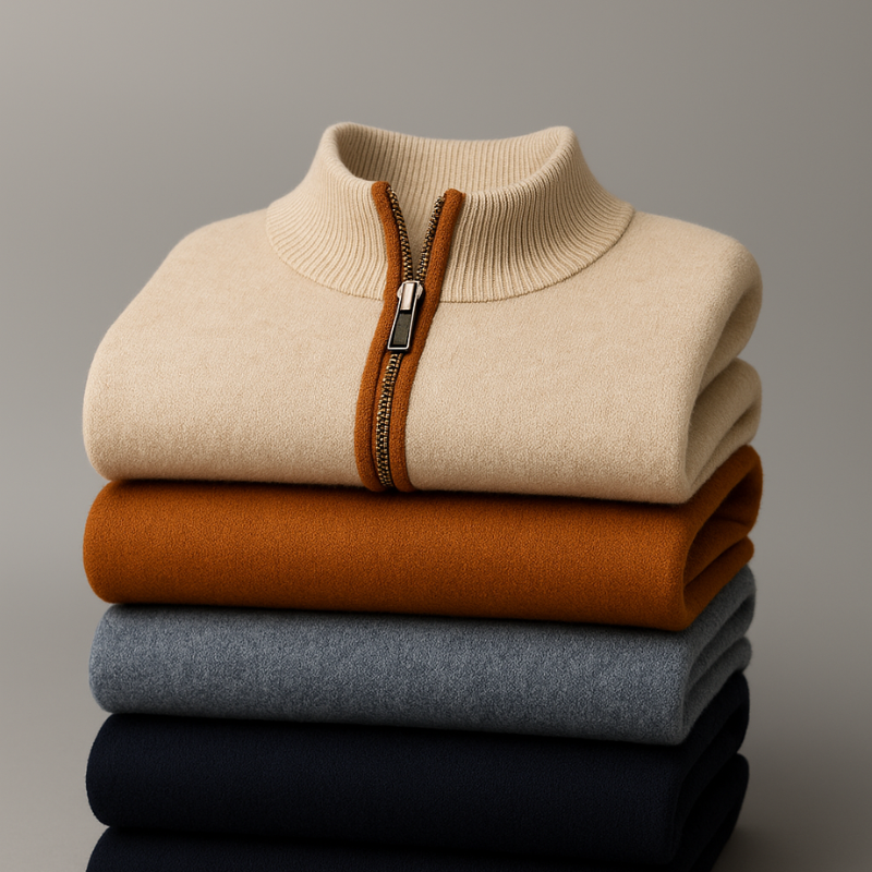 Person wearing a beige sweater with orange accents, standing against a neutral background.